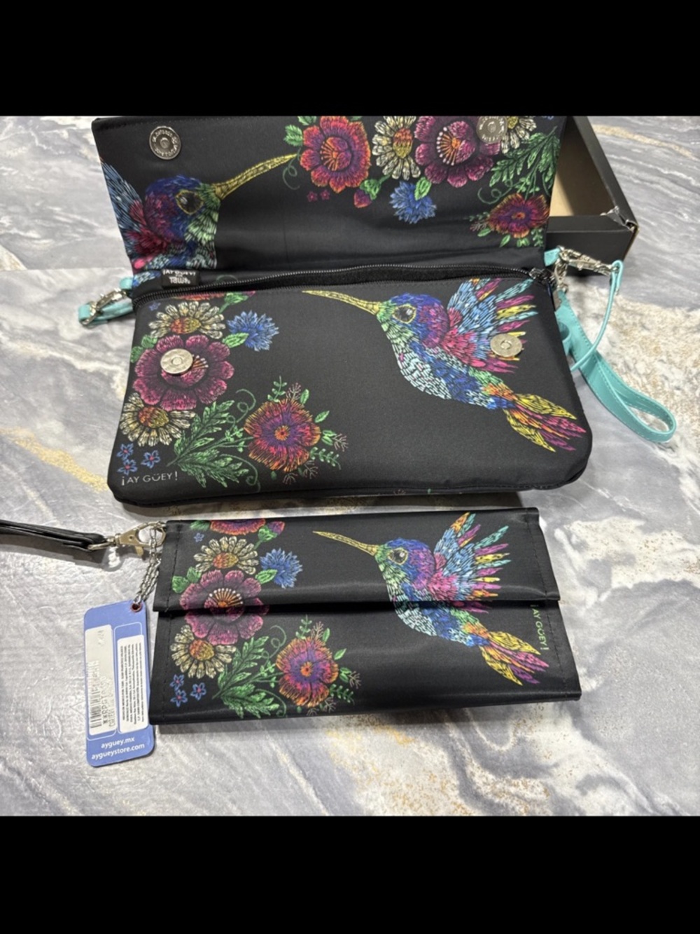 Ay Guey Bag And Wallet! Humming Bird Wristlet Gold Foil Floral Mexican